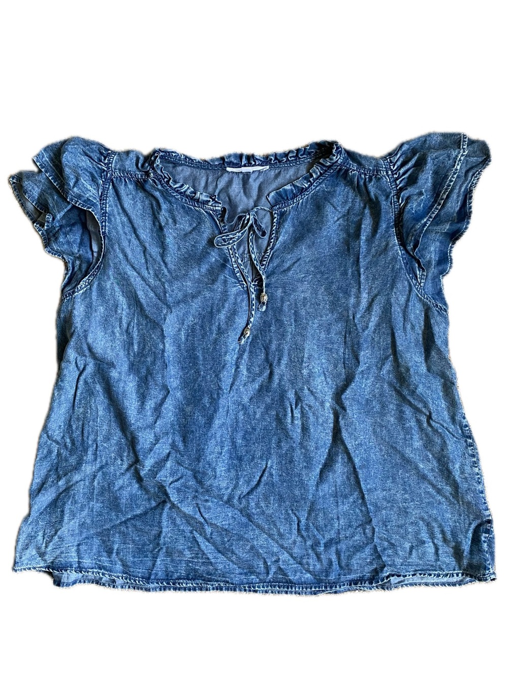 Jane and Delancey Blue Chambray Women’s Flutter Sleeve Tie-Front Top